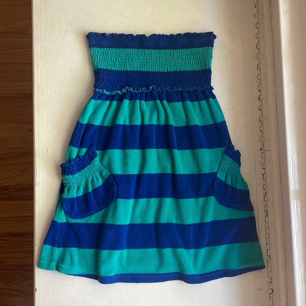 Striped blue and green terry cloth strapless dress swim coverup